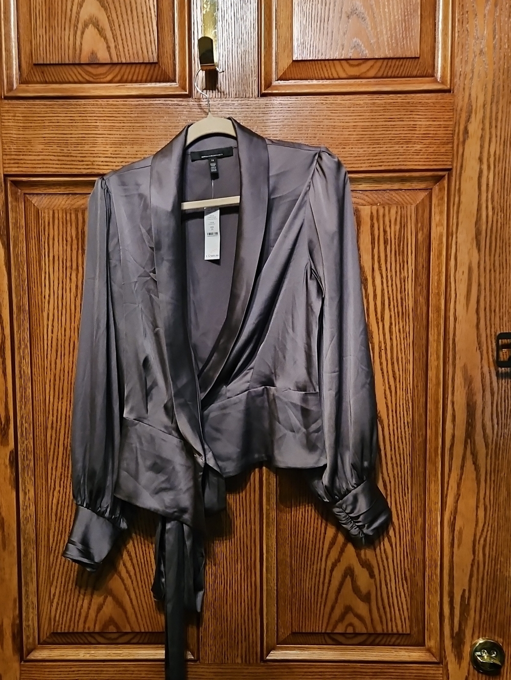 White House Black Market Charcoal Satin Wrap Blouse